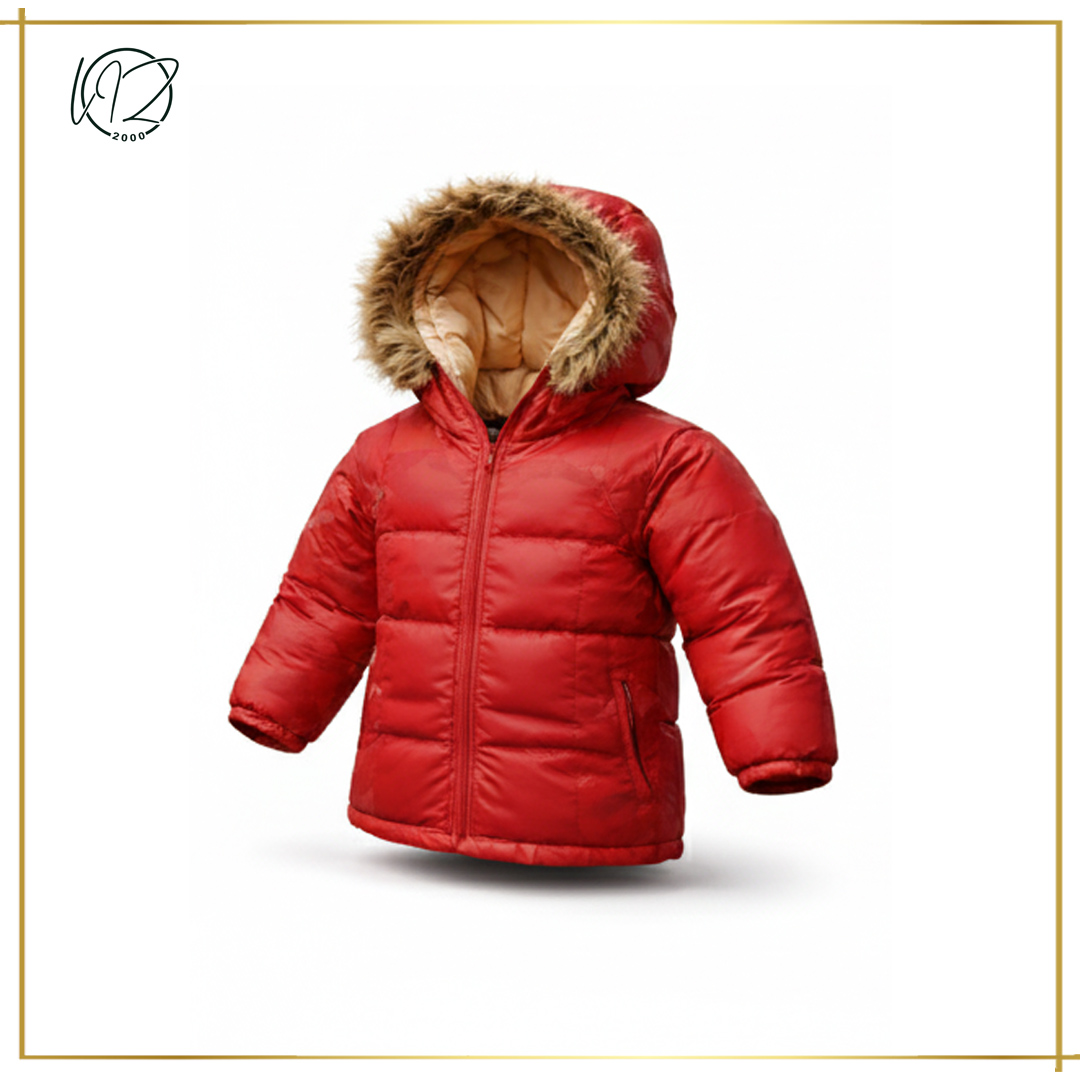 Red Puffer Jacket with Faux-Fur Hood